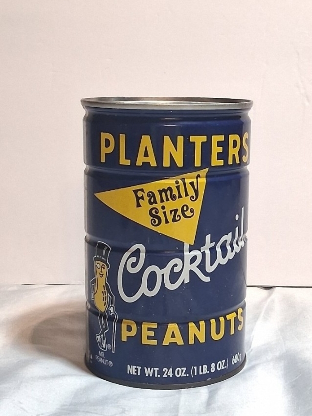 Vintage 1960s Planters Cocktail Peanuts 24oz Family Size Metal Tin Can Mr Peanut